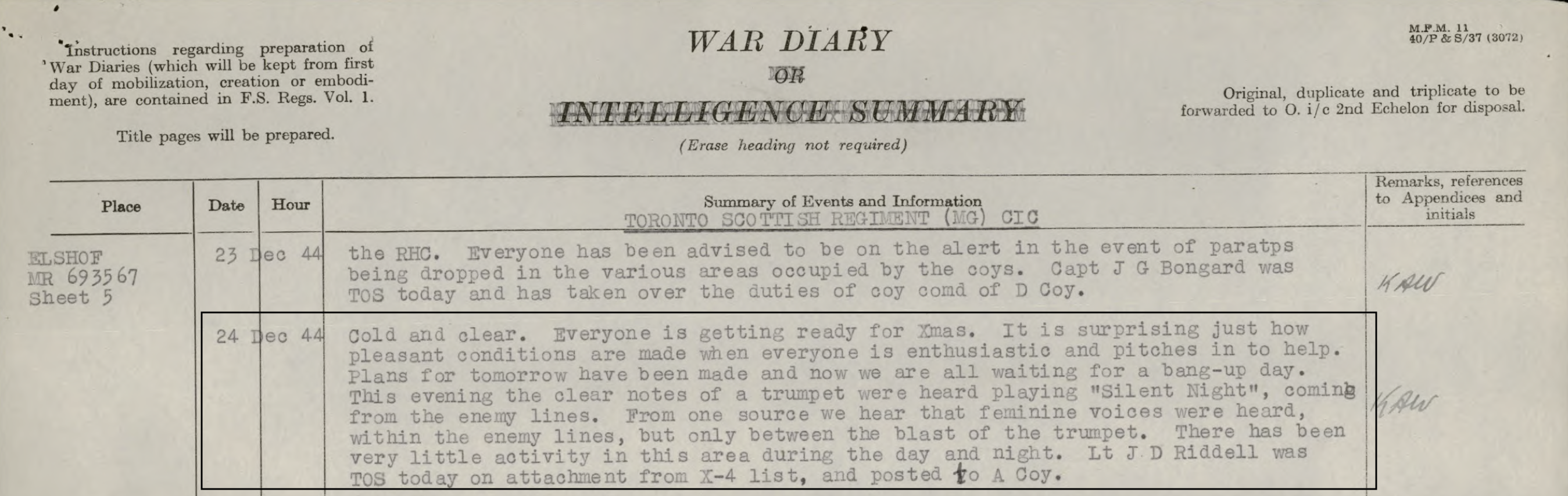 In het oorlogsdagboek van de Toronto Scottish wordt op 24 december 1944 melding gemaakt van het geluid van een trompet afkomstig van de Duitse linies. © Library and Archives Canada.