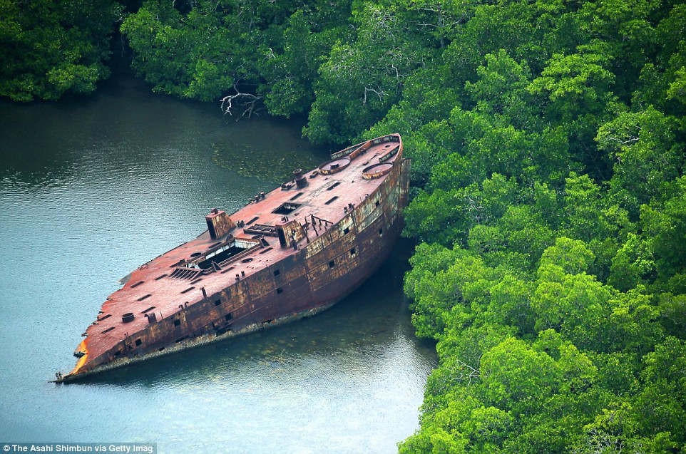 Een stuk van een wrak van een transportschip van de Amerikaanse marine bij de Nggela eilanden, Solomon eilanden.
