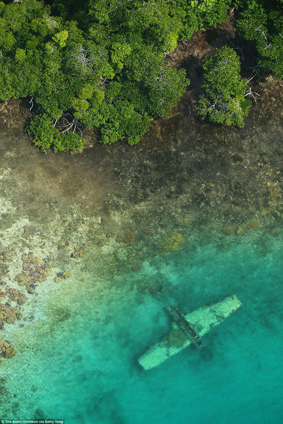 Een luchtfoto van de resten van een Japans 'Zero' verkenningsvliegtuig in de ondiepe wateren van de Solomon eilanden. 