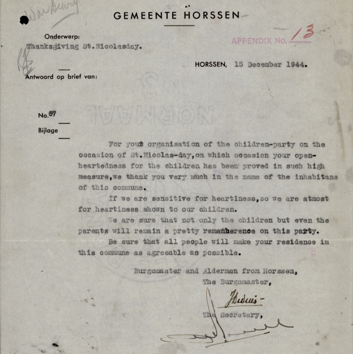 De brief van dank die door de burgemeester en wethouders is gestuurd naar de manschappen van het 8th Reconnaissance Regiment. © Library and Archives Canada.